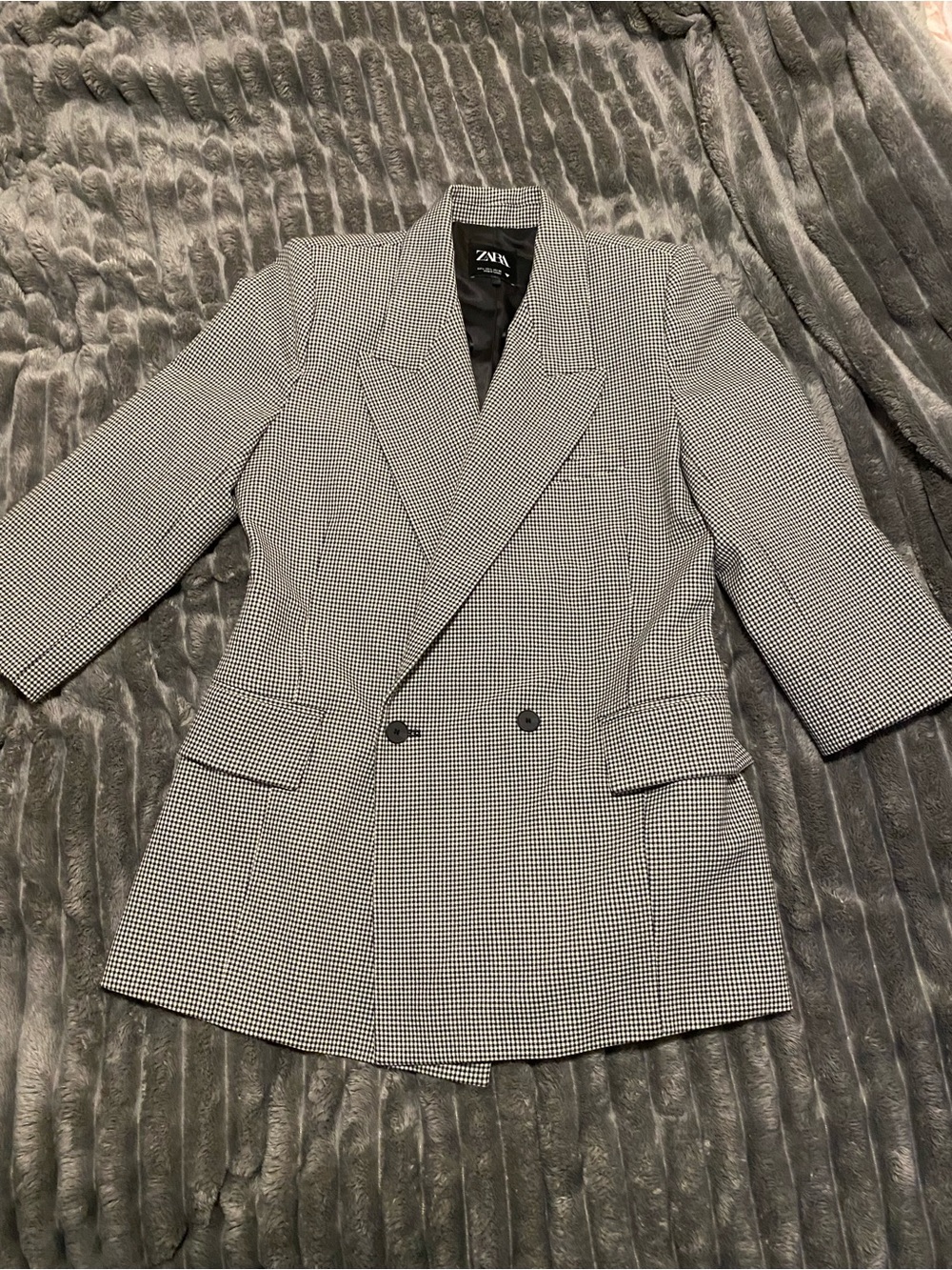 ZARA Black and White Houndstooth Double-Breasted Blazer